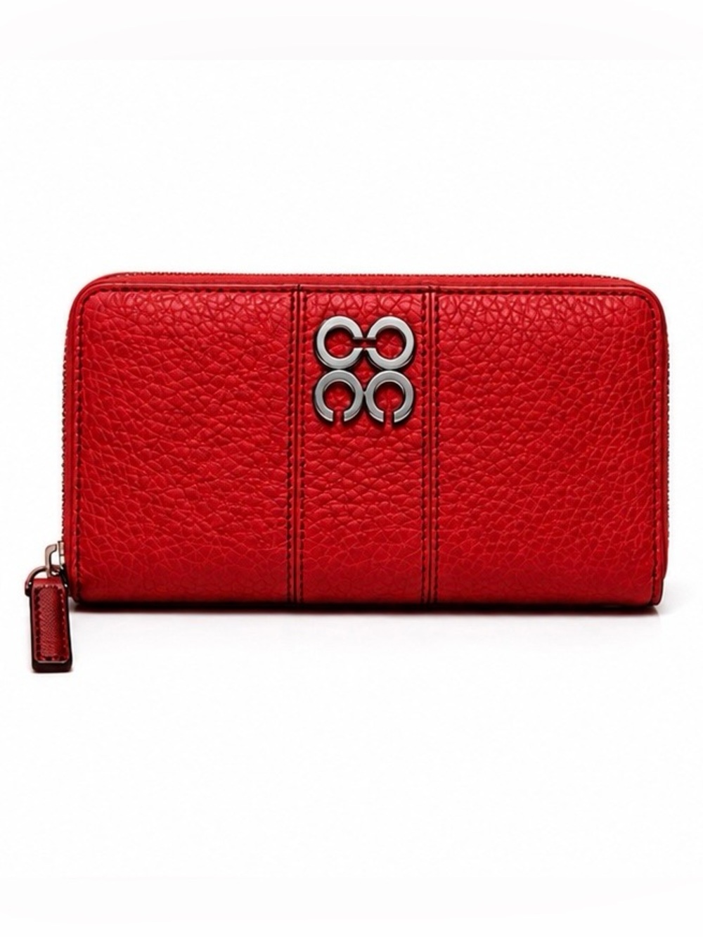 Coach Julia Red and Silver Hardware Pebble Leather Zipped Wallet Optic C Logo